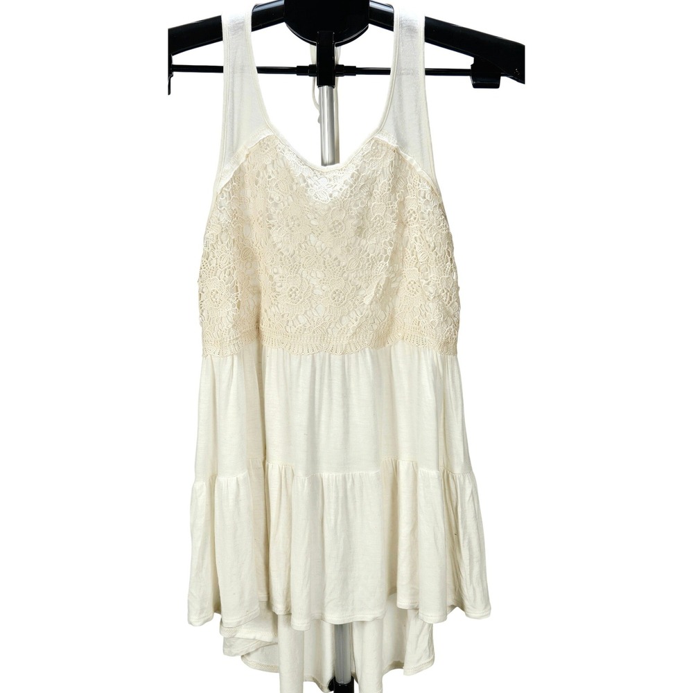 Women's Small Ivory Crochet Lace Tiered High-Low Tank Top Boho Festival Romantic